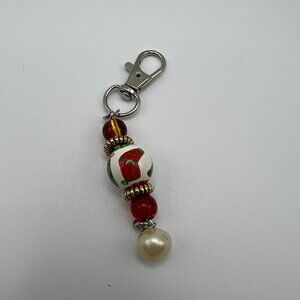 Christmas-Themed Beaded Keychain With Pearl Drop Red & White Accents Stocking De
